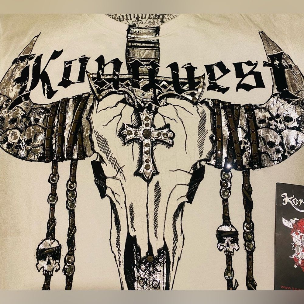 KonQuest RARE MEN’s skull T-Shirt Swarovski crystals & studded NWT size S. - Picture 7 of 14